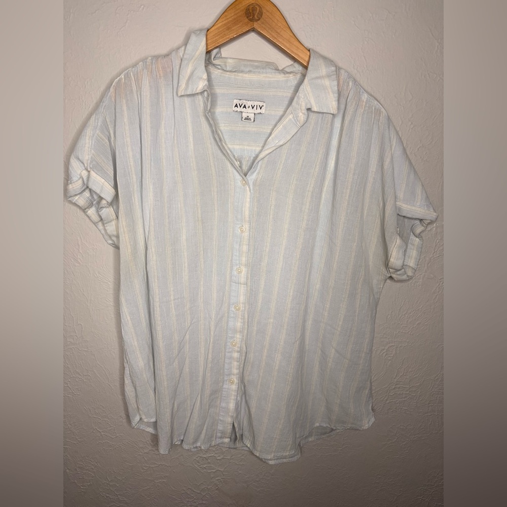 Ava & Viv Blue/White Striped Gauzy Button Up 1X
